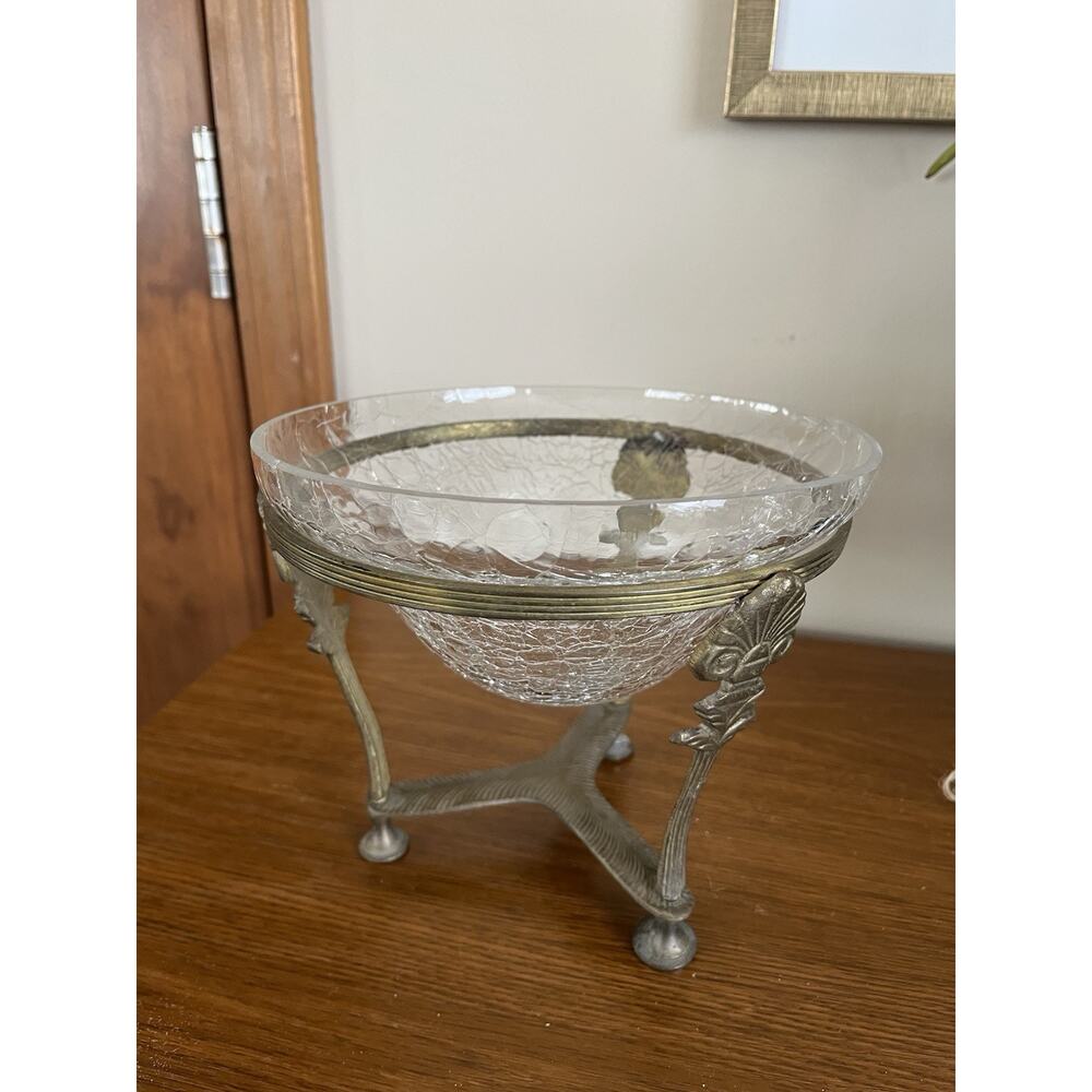 Brass 3-Footed Stand with Clear Crackle Glass Bowls Holder Vintage Pair
